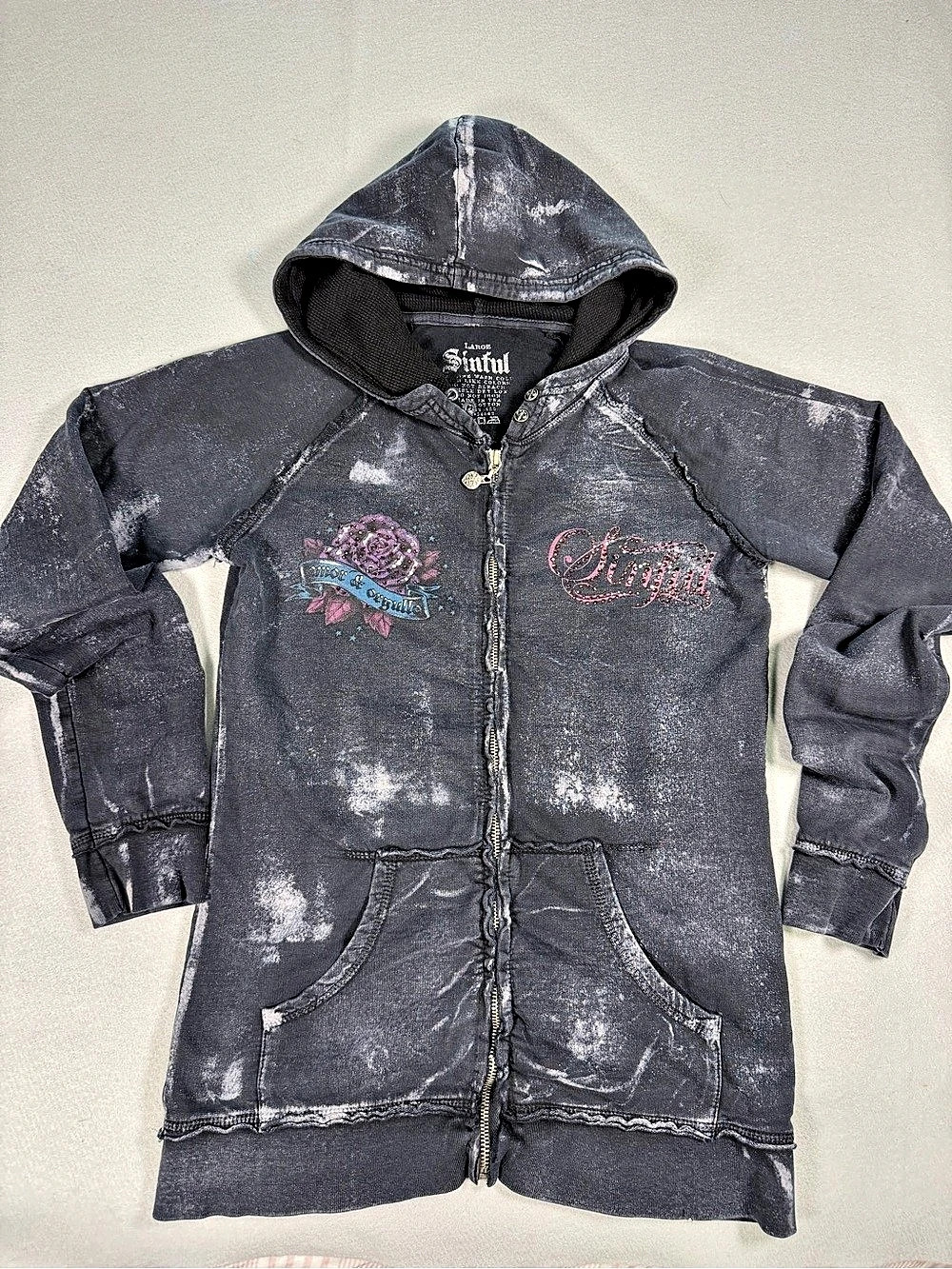 Sinful Distressed Graphic Zip Hoodie Black large